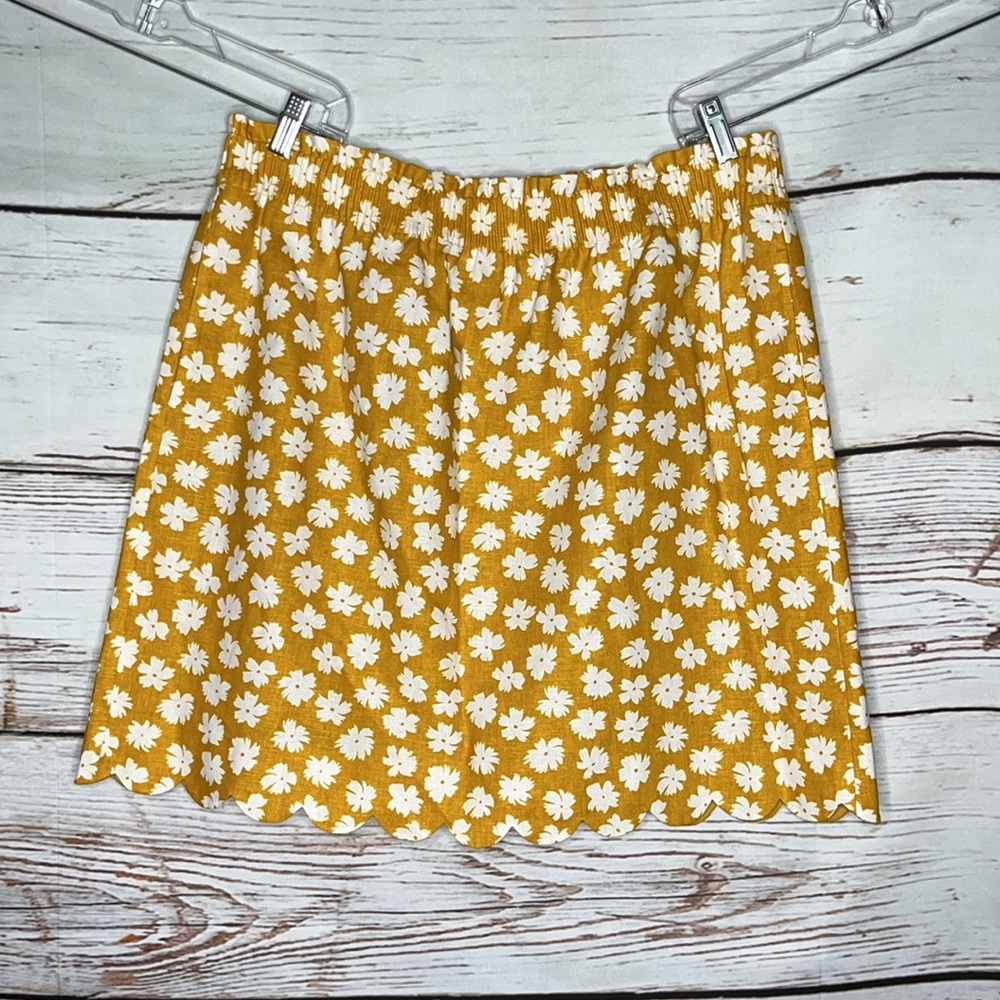 J. Crew NWT 16 Golden Yellow & White Floral Print Linen Blend Scallop Hem Skirt